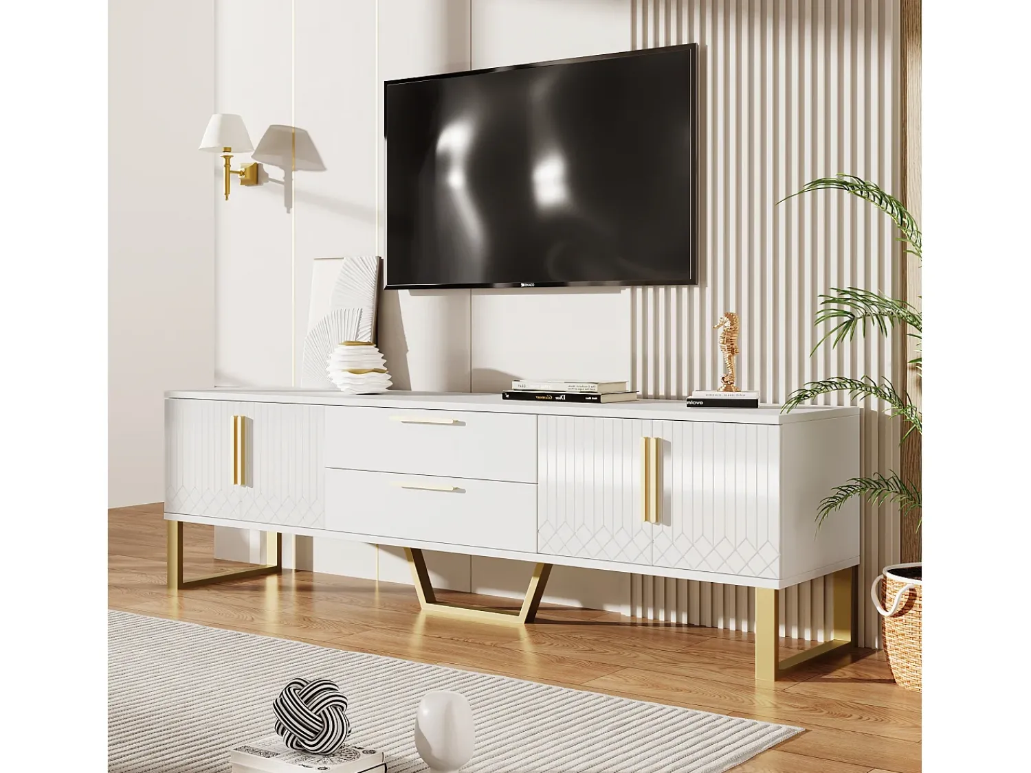 New Hauss Spole Móvel para TV com acabamento lacado brilhante, 4 gavetas e 2 portas - Porta texturada - e dourado Branco