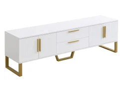 New Hauss Spole Móvel para TV com acabamento lacado brilhante, 4 gavetas e 2 portas - Porta texturada - e dourado Branco
