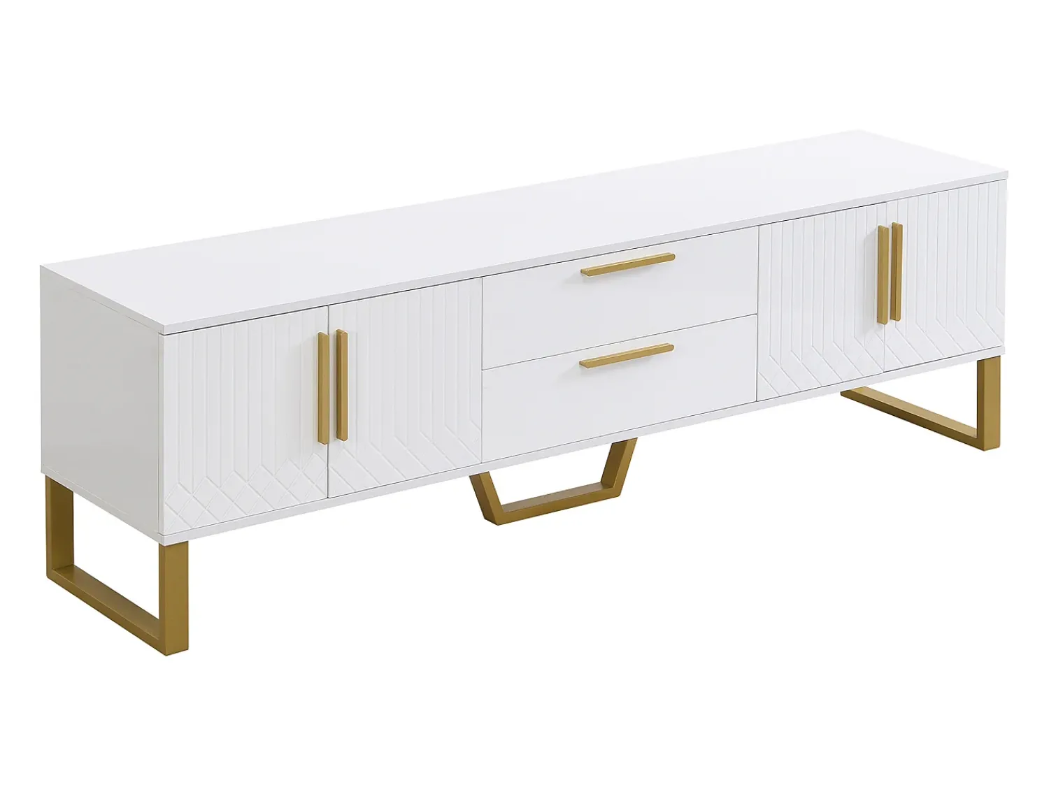 New Hauss Spole Móvel para TV com acabamento lacado brilhante, 4 gavetas e 2 portas - Porta texturada - e dourado Branco