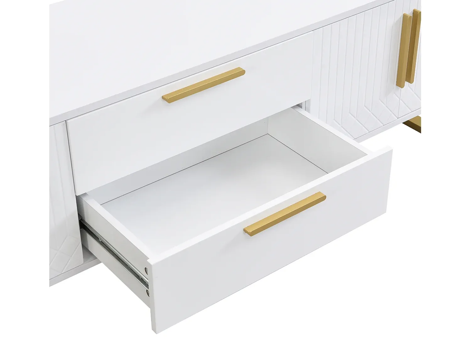New Hauss Spole Móvel para TV com acabamento lacado brilhante, 4 gavetas e 2 portas - Porta texturada - e dourado Branco