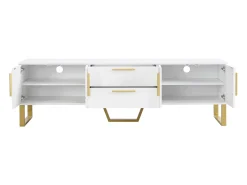 New Hauss Spole Móvel para TV com acabamento lacado brilhante, 4 gavetas e 2 portas - Porta texturada - e dourado Branco