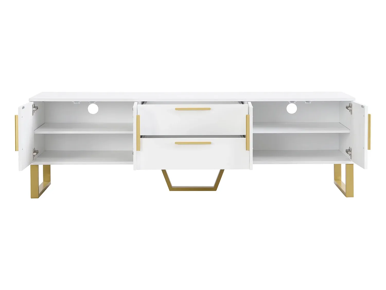New Hauss Spole Móvel para TV com acabamento lacado brilhante, 4 gavetas e 2 portas - Porta texturada - e dourado Branco