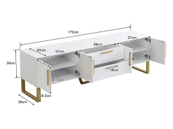 New Hauss Spole Móvel para TV com acabamento lacado brilhante, 4 gavetas e 2 portas - Porta texturada - e dourado Branco