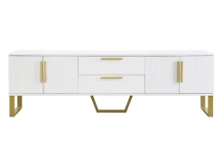 New Hauss Spole Móvel para TV com acabamento lacado brilhante, 4 gavetas e 2 portas - Porta texturada - e dourado Branco