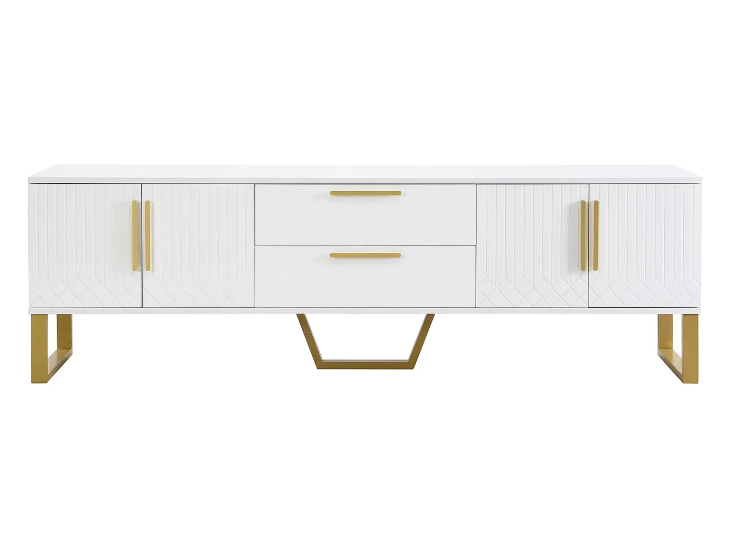 New Hauss Spole Móvel para TV com acabamento lacado brilhante, 4 gavetas e 2 portas - Porta texturada - e dourado Branco
