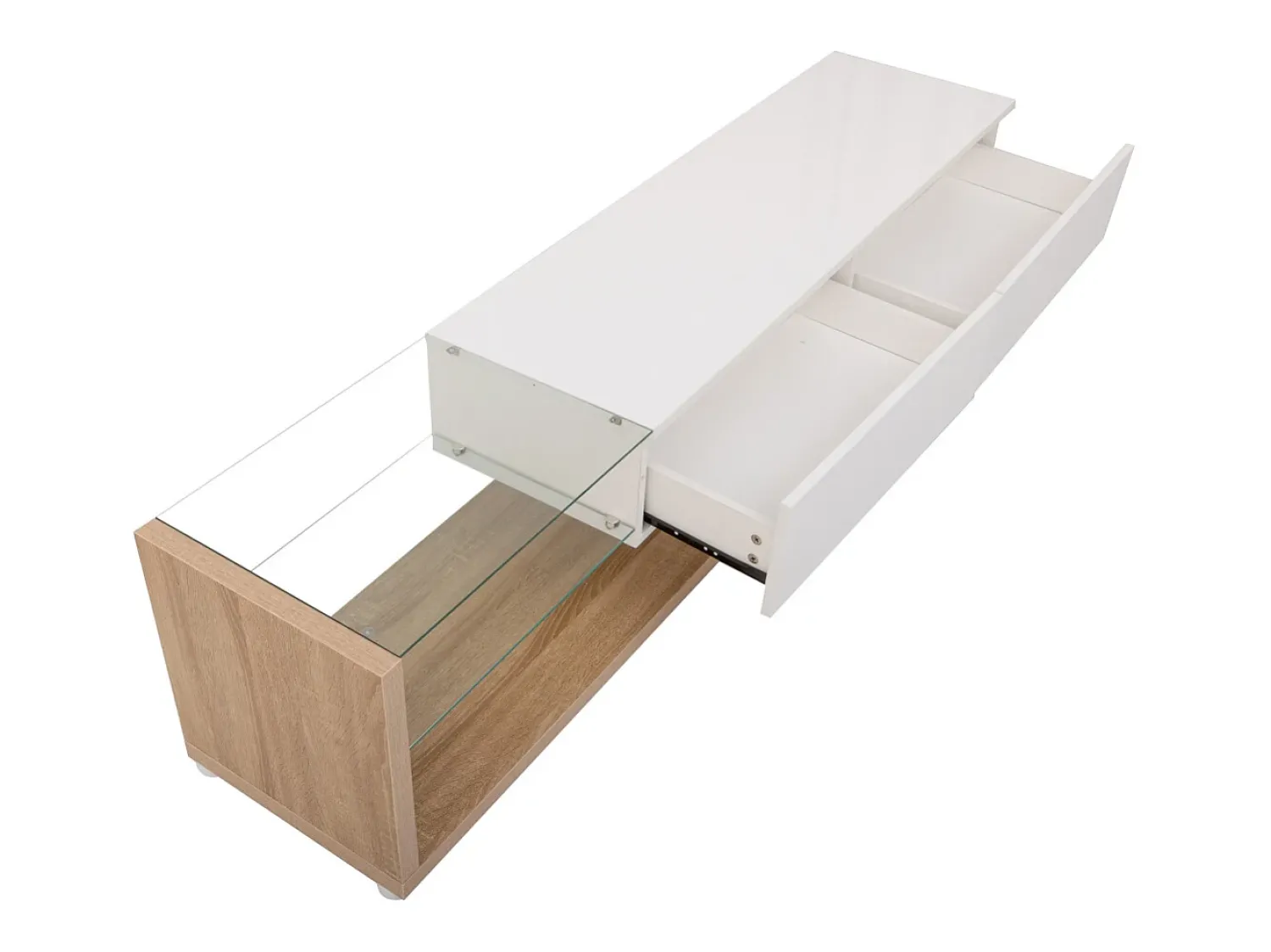 Hot Móvel para TV com divisórias de vidro e iluminação LED regulável, com 2 gavetas e uma prateleira aberta, . Branco