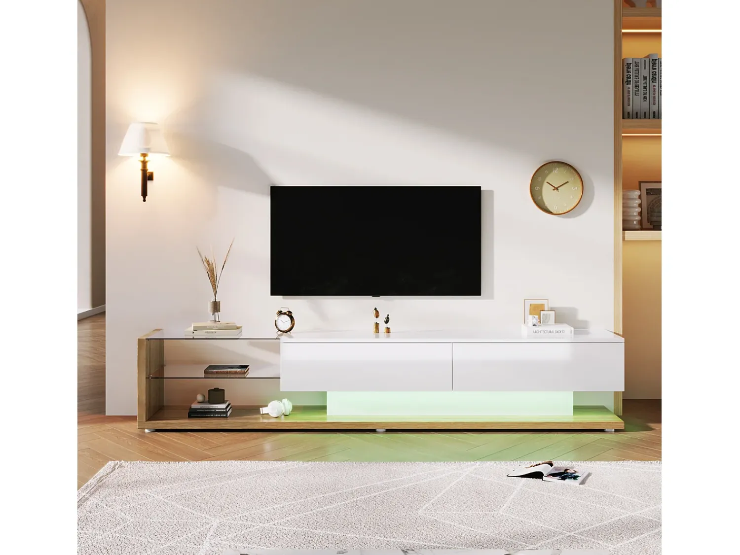 Hot Móvel para TV com divisórias de vidro e iluminação LED regulável, com 2 gavetas e uma prateleira aberta, . Branco