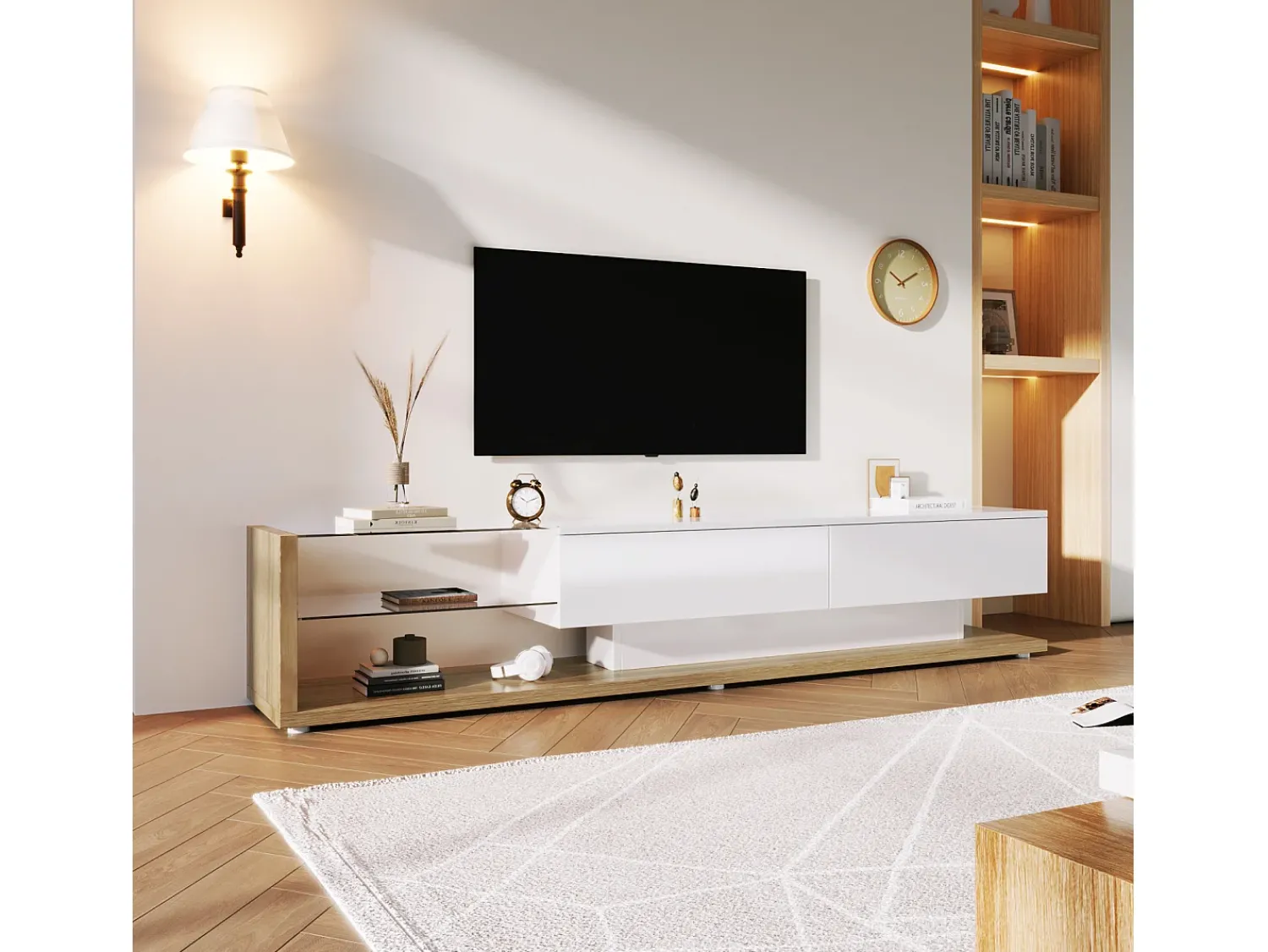 Hot Móvel para TV com divisórias de vidro e iluminação LED regulável, com 2 gavetas e uma prateleira aberta, . Branco