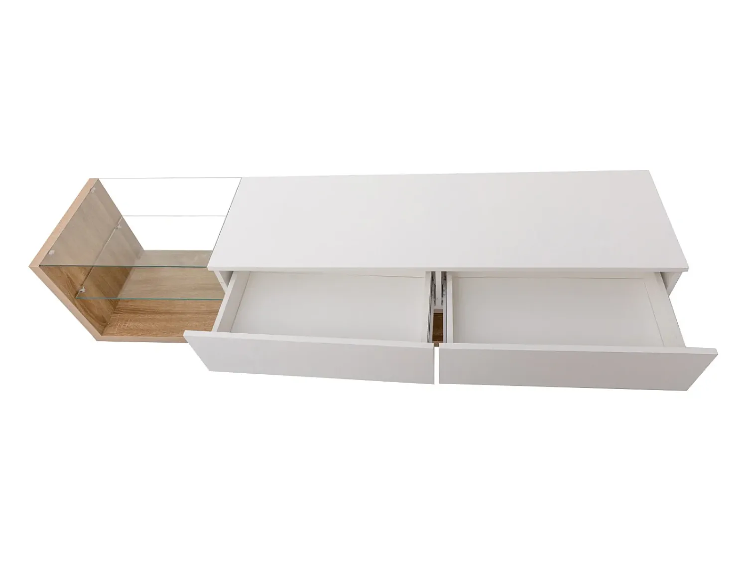 Hot Móvel para TV com divisórias de vidro e iluminação LED regulável, com 2 gavetas e uma prateleira aberta, . Branco