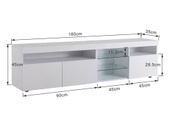 Móvel De Tv* Móvel para TV com espaço de armazenamento, 3 portas e 2 prateleiras de vidro, com iluminação LED ajustável, . Branco