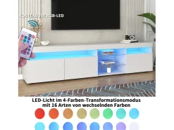 Móvel De Tv* Móvel para TV com espaço de armazenamento, 3 portas e 2 prateleiras de vidro, com iluminação LED ajustável, . Branco