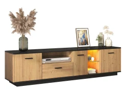 Clearance Móvel para TV com gaveta, 3 portas, 2 compartimentos abertos e iluminação LED. Cor: /madeira natural. Preto