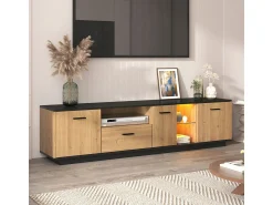 Clearance Móvel para TV com gaveta, 3 portas, 2 compartimentos abertos e iluminação LED. Cor: /madeira natural. Preto