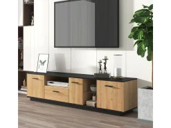 Clearance Móvel para TV com gaveta, 3 portas, 2 compartimentos abertos e iluminação LED. Cor: /madeira natural. Preto