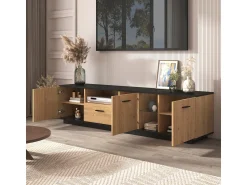 Clearance Móvel para TV com gaveta, 3 portas, 2 compartimentos abertos e iluminação LED. Cor: /madeira natural. Preto