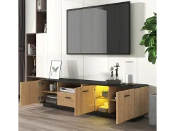 Clearance Móvel para TV com gaveta, 3 portas, 2 compartimentos abertos e iluminação LED. Cor: /madeira natural. Preto