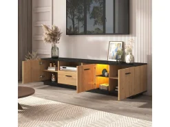 Clearance Móvel para TV com gaveta, 3 portas, 2 compartimentos abertos e iluminação LED. Cor: /madeira natural. Preto