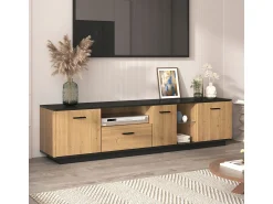 Clearance Móvel para TV com gaveta, 3 portas, 2 compartimentos abertos e iluminação LED. Cor: /madeira natural. Preto