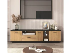 Clearance Móvel para TV com gaveta, 3 portas, 2 compartimentos abertos e iluminação LED. Cor: /madeira natural. Preto
