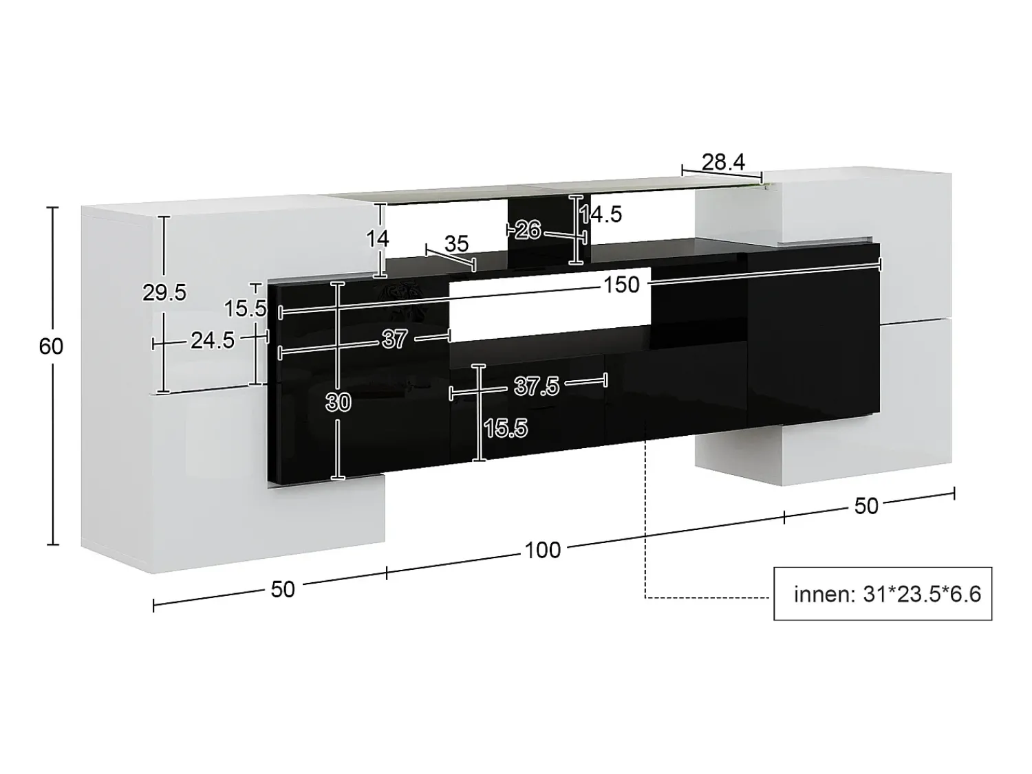 Hauss Spole Móvel para TV com iluminação LED, 6 portas e 2 gavetas - Acabamento lacado a e preto^ Móvel De Tv