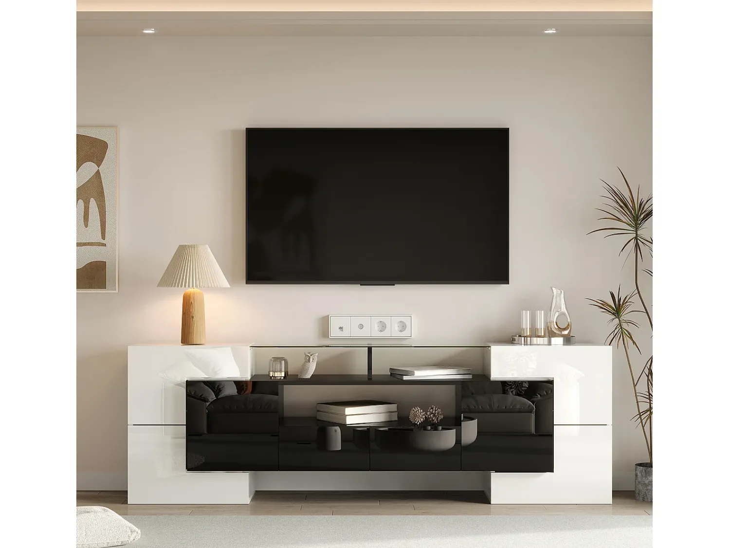 Hauss Spole Móvel para TV com iluminação LED, 6 portas e 2 gavetas - Acabamento lacado a e preto^ Móvel De Tv