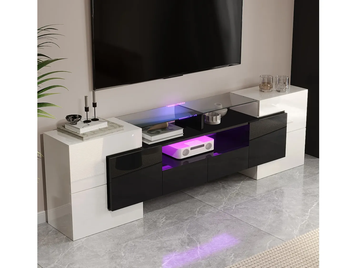 Hauss Spole Móvel para TV com iluminação LED, 6 portas e 2 gavetas - Acabamento lacado a e preto^ Móvel De Tv