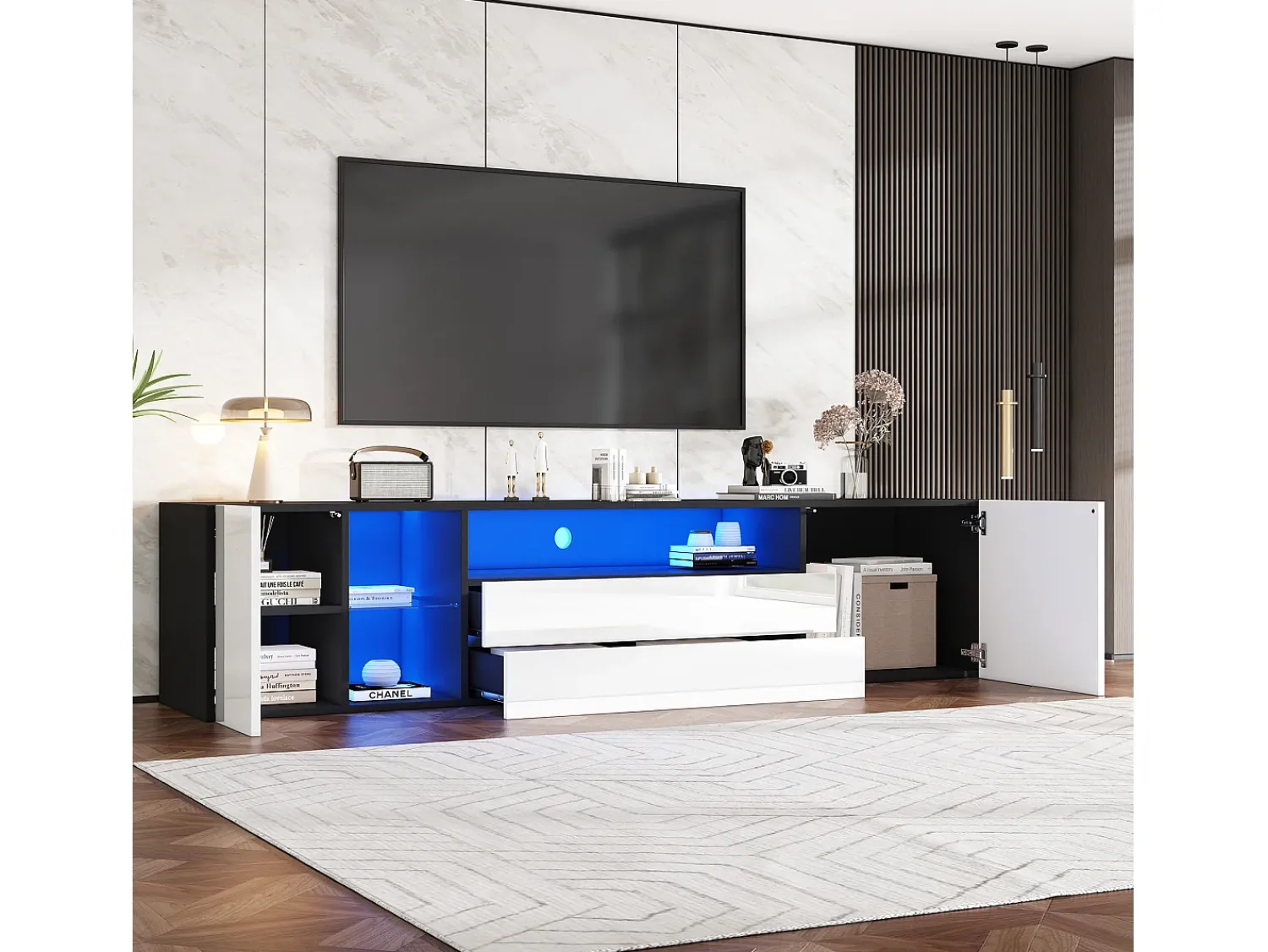 Outlet Móvel para TV com iluminação LED brilhante, 2 portas e 2 gavetas - Móvel para TV - 180 cm - e branco Preto