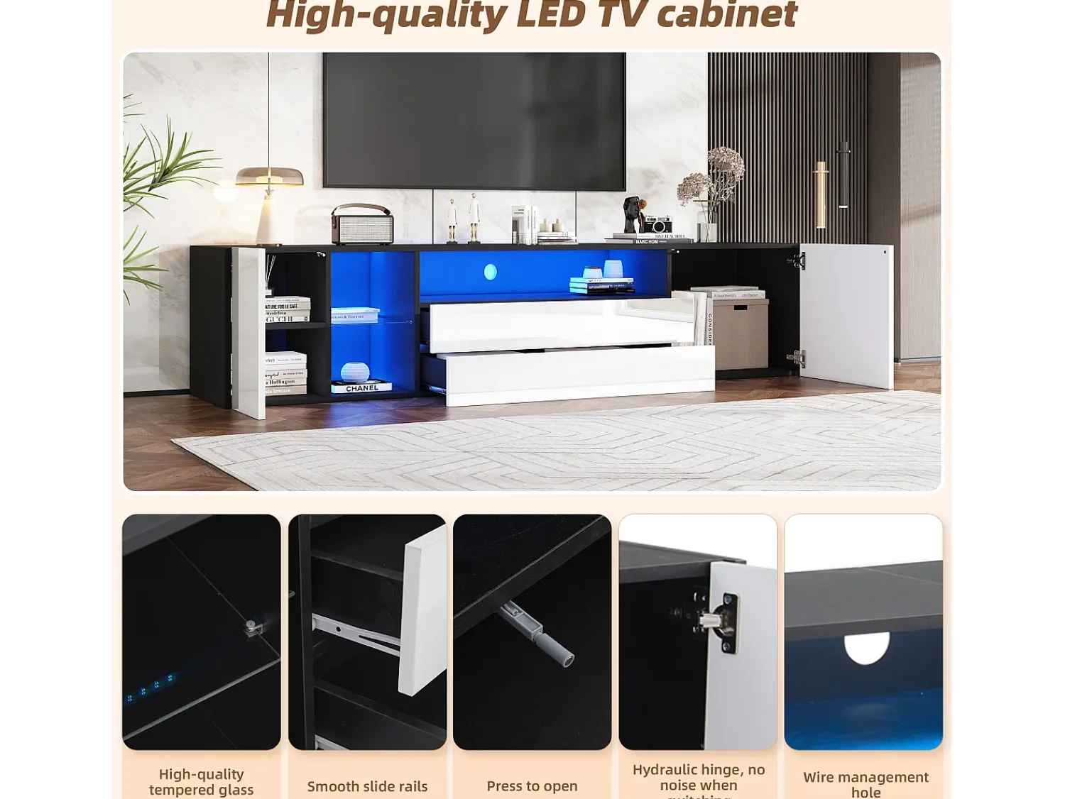Outlet Móvel para TV com iluminação LED brilhante, 2 portas e 2 gavetas - Móvel para TV - 180 cm - e branco Preto