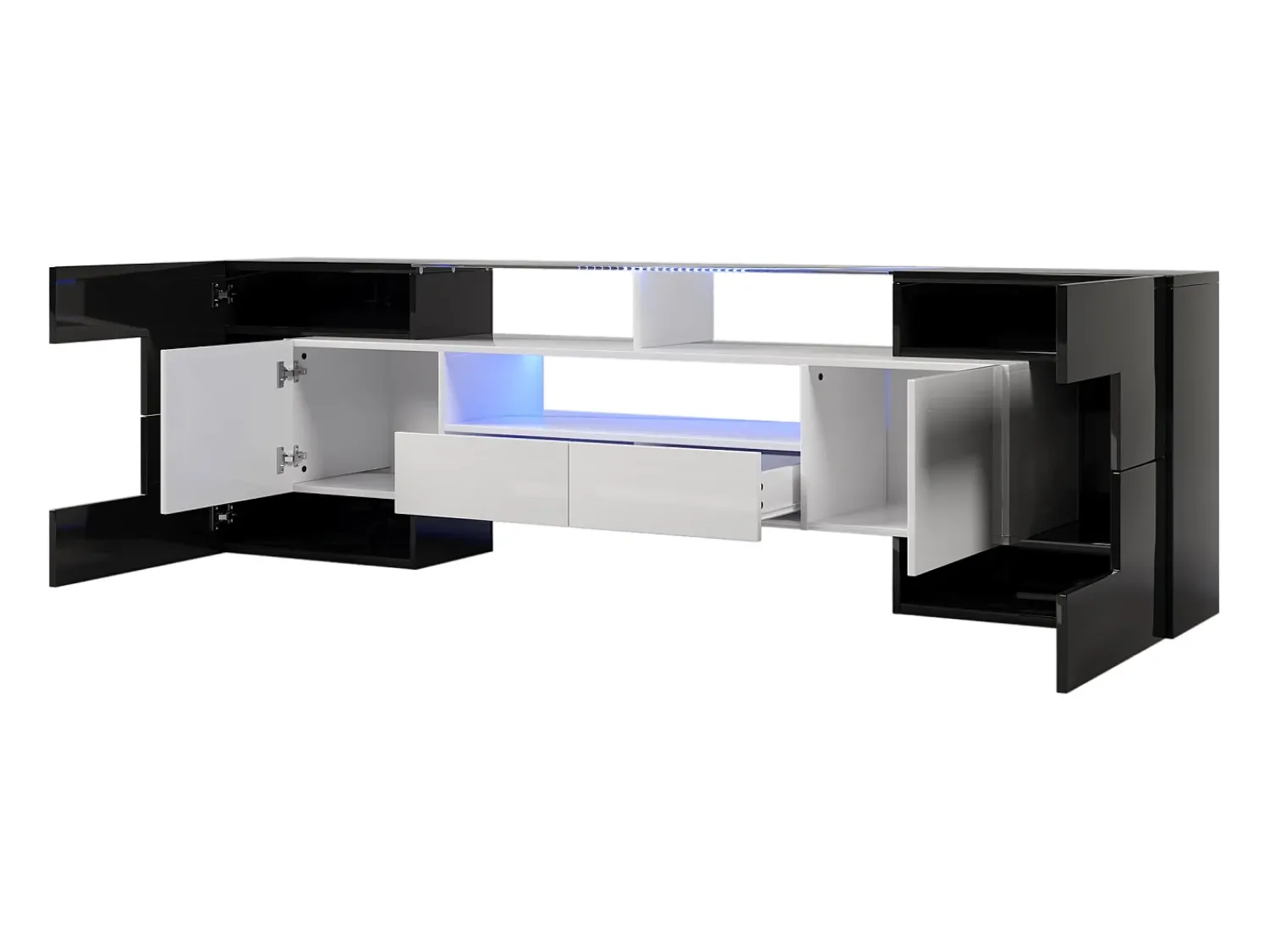 Móvel De Tv*Hauss Spole Móvel para TV com iluminação LED, 6 portas e 2 gavetas - Tampo em vidro - Acabamento brilhante em e preto Branco