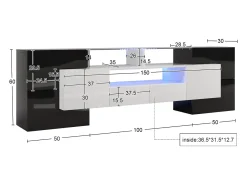 Móvel De Tv*Hauss Spole Móvel para TV com iluminação LED, 6 portas e 2 gavetas - Tampo em vidro - Acabamento brilhante em e preto Branco