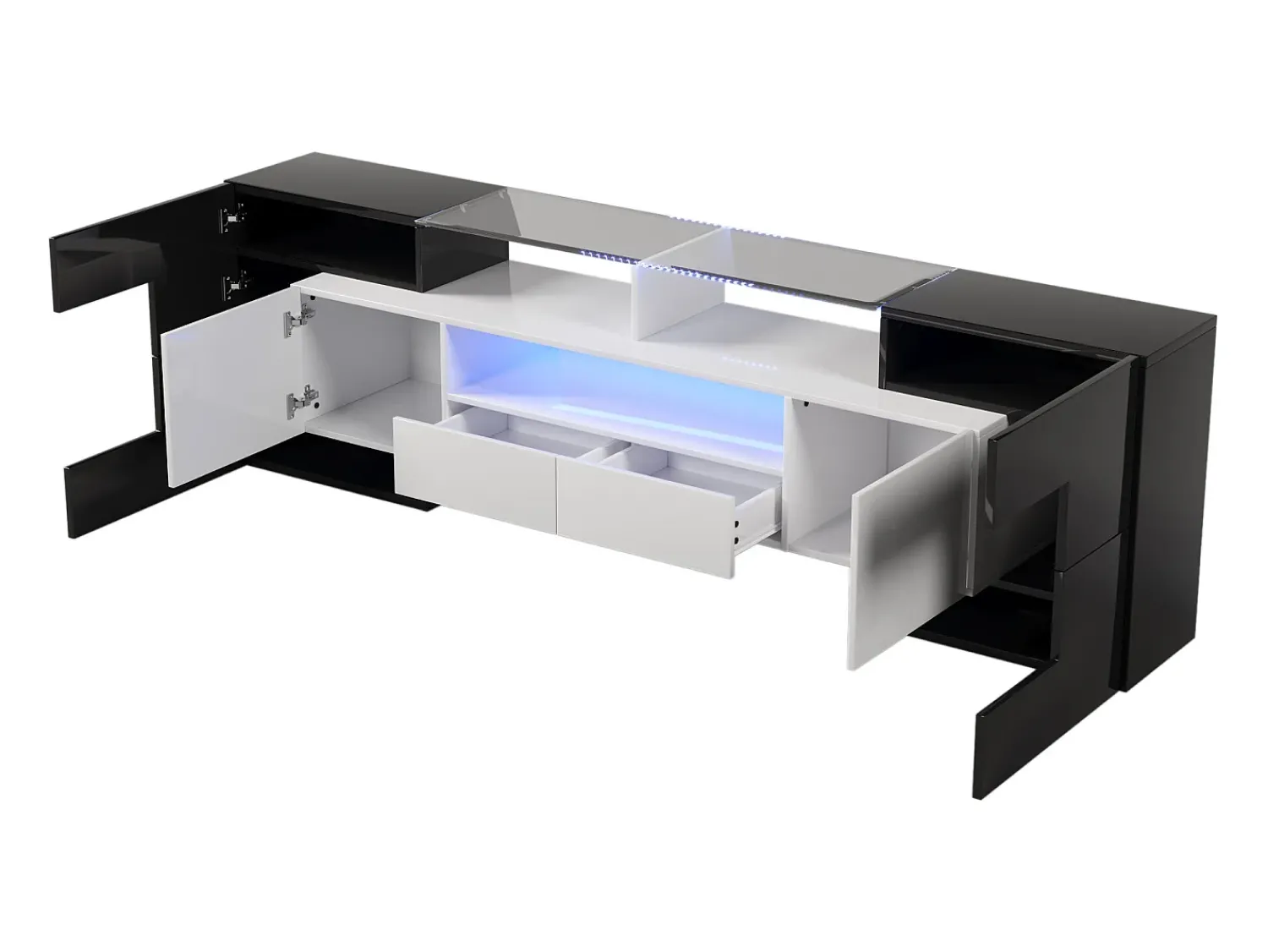 Móvel De Tv*Hauss Spole Móvel para TV com iluminação LED, 6 portas e 2 gavetas - Tampo em vidro - Acabamento brilhante em e preto Branco