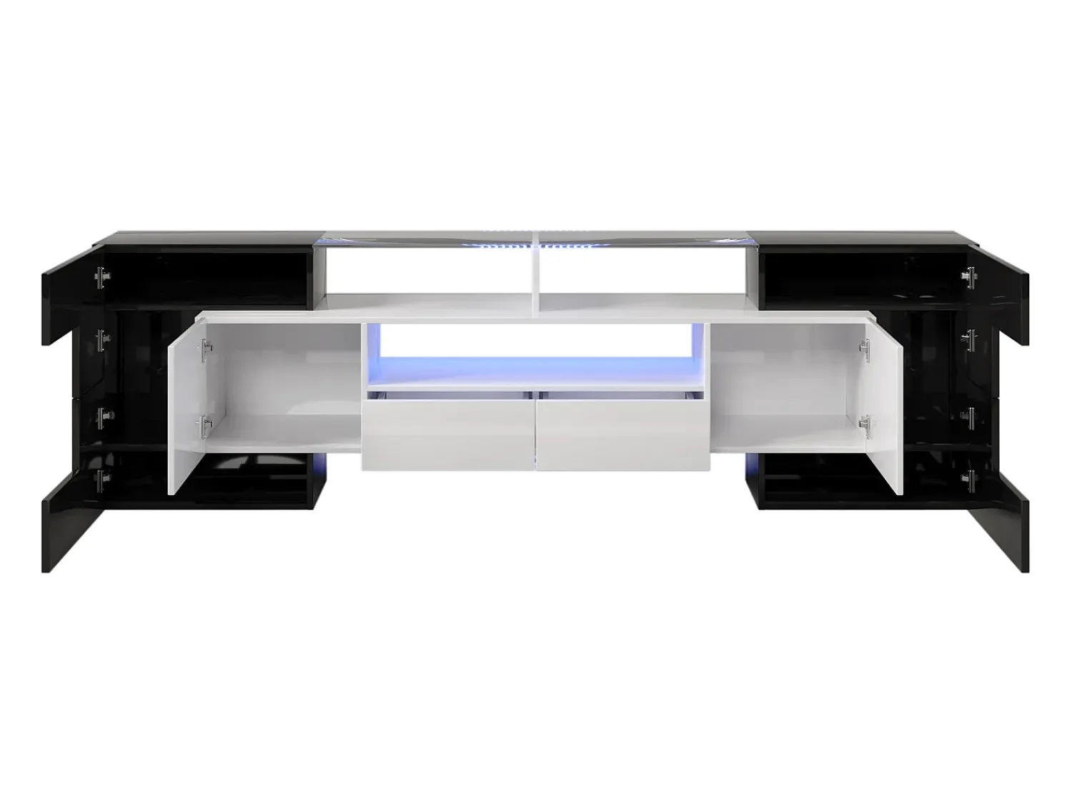 Móvel De Tv*Hauss Spole Móvel para TV com iluminação LED, 6 portas e 2 gavetas - Tampo em vidro - Acabamento brilhante em e preto Branco