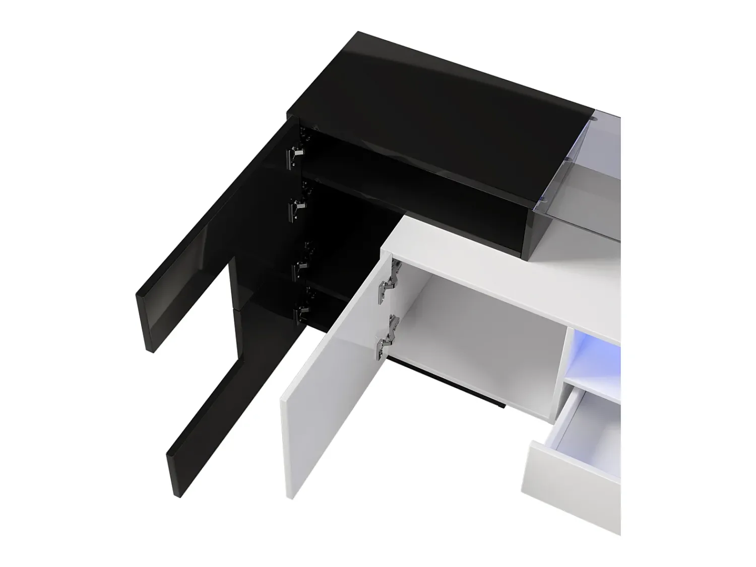 Móvel De Tv*Hauss Spole Móvel para TV com iluminação LED, 6 portas e 2 gavetas - Tampo em vidro - Acabamento brilhante em e preto Branco