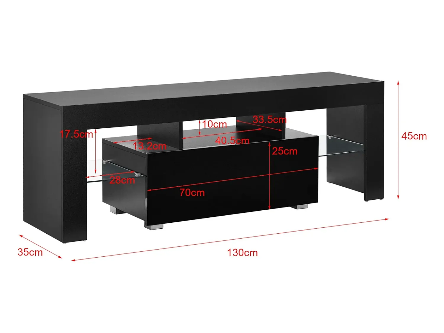 Móvel De Tv|Mobikasa Móvel para TV com iluminação LED multicolorida banco de design com prateleiras de vidro e gaveta aglomerado revestido a melamina 130 x 35 x 45 cm 03_0005860 Preto