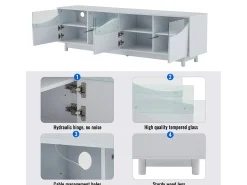 Móvel De Tv| Móvel para TV com iluminação LED, com 4 portas de vidro, portas com design curvo, 175x38x51 cm, Branco
