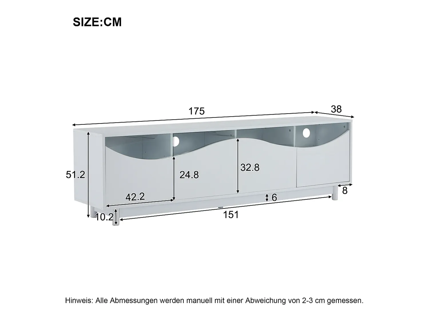 Móvel De Tv| Móvel para TV com iluminação LED, com 4 portas de vidro, portas com design curvo, 175x38x51 cm, Branco