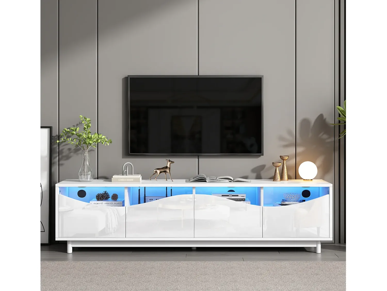 Móvel De Tv| Móvel para TV com iluminação LED, com 4 portas de vidro, portas com design curvo, 175x38x51 cm, Branco