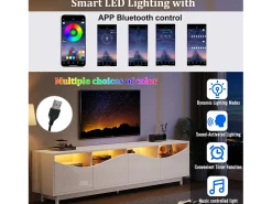 Móvel De Tv| Móvel para TV com iluminação LED, com 4 portas de vidro, portas com design curvo, 175x38x51 cm, Branco