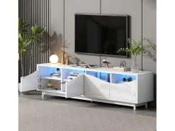 Móvel De Tv| Móvel para TV com iluminação LED, com 4 portas de vidro, portas com design curvo, 175x38x51 cm, Branco