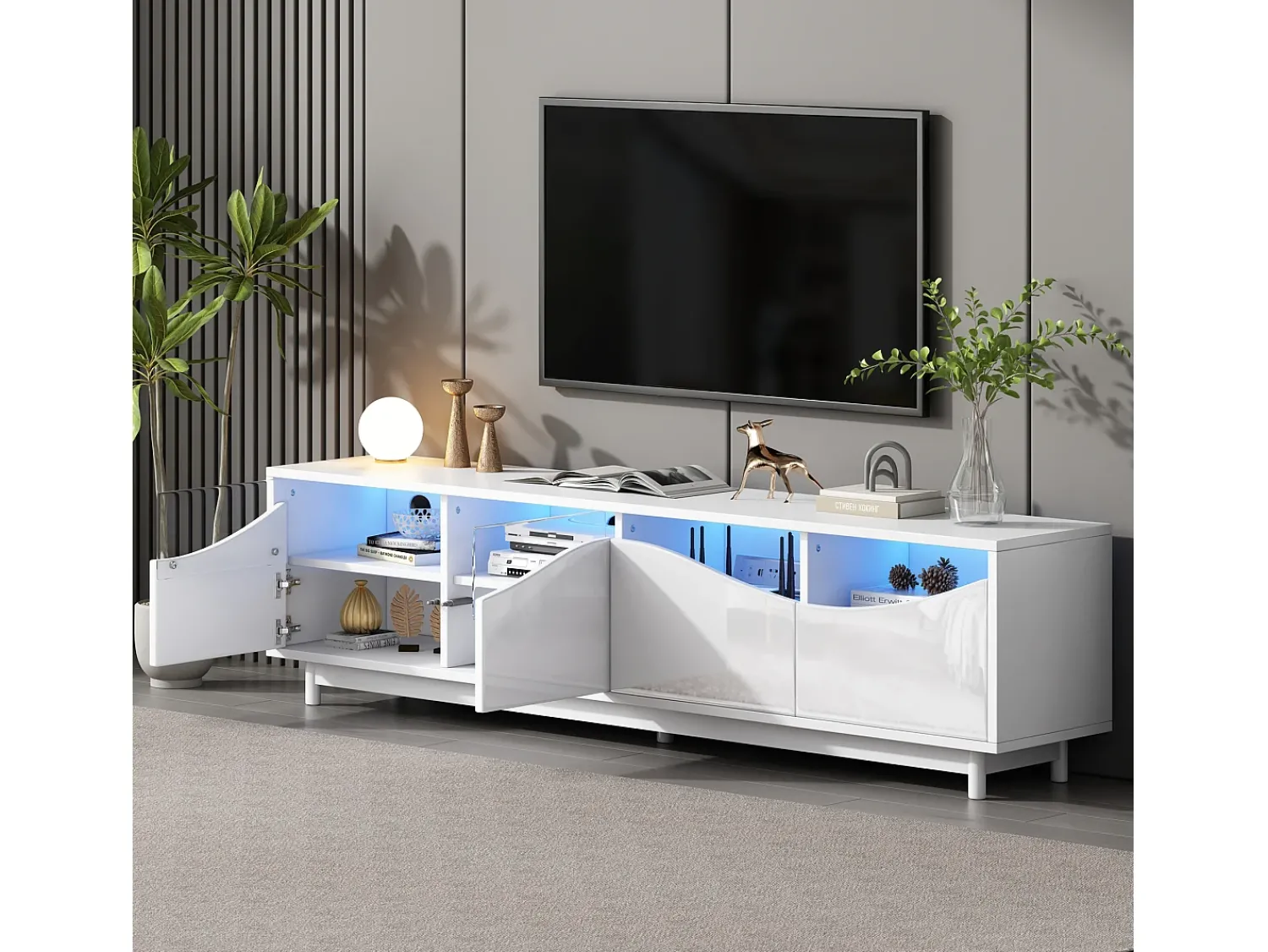 Móvel De Tv| Móvel para TV com iluminação LED, com 4 portas de vidro, portas com design curvo, 175x38x51 cm, Branco