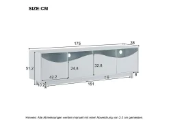 Móvel De Tv| Móvel para TV com iluminação LED, com 4 portas de vidro, portas com design curvo, 175x38x51 cm, Branco