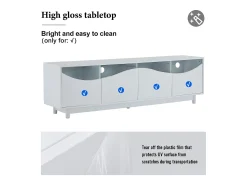 Móvel De Tv| Móvel para TV com iluminação LED, com 4 portas de vidro, portas com design curvo, 175x38x51 cm, Branco