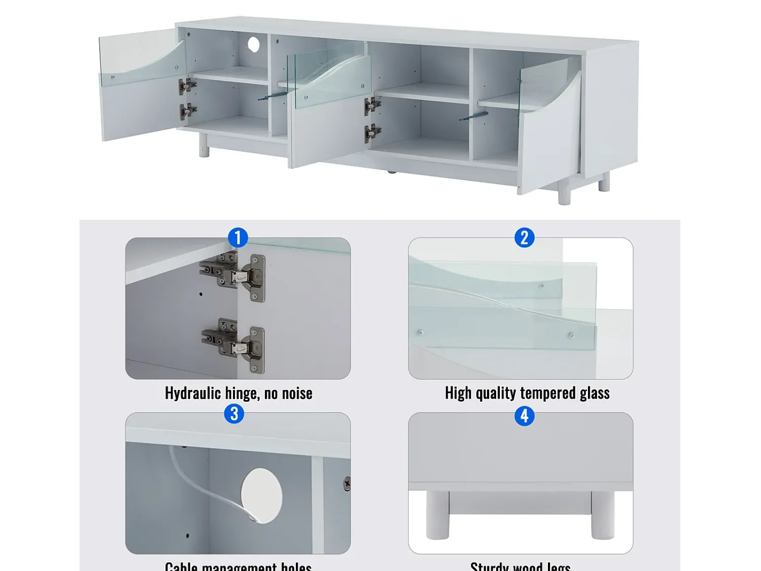 Móvel De Tv| Móvel para TV com iluminação LED, com 4 portas de vidro, portas com design curvo, 175x38x51 cm, Branco