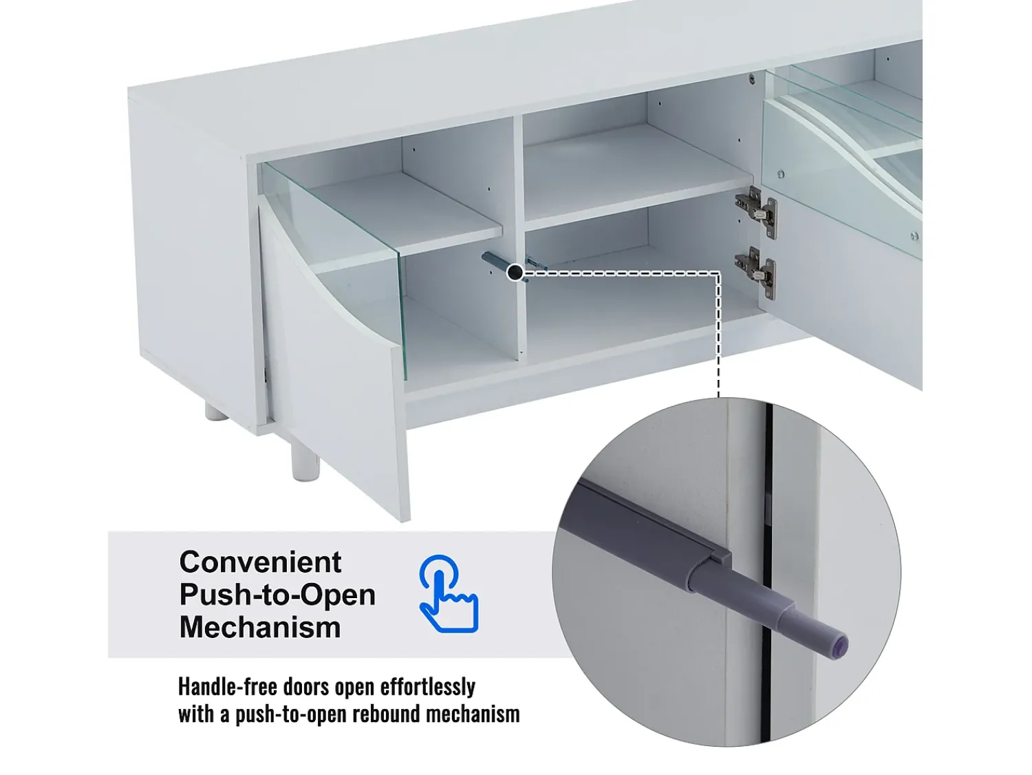Móvel De Tv| Móvel para TV com iluminação LED, com 4 portas de vidro, portas com design curvo, 175x38x51 cm, Branco