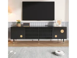 Móvel De Tv| Móvel para TV com portas de madeira maciça, 170 x 36 x 54 cm, puxadores ocultos e detalhes dourados, . Preto