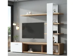Móvel De Tv|Hauss Spole Móvel para TV com prateleiras - Cor branco e madeira Natural claro