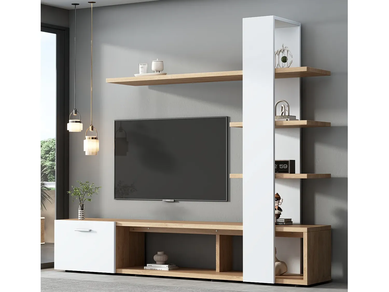 Móvel De Tv|Hauss Spole Móvel para TV com prateleiras - Cor branco e madeira Natural claro