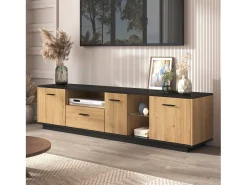 Móvel De Tv*Hauss Spole Móvel para TV com uma gaveta, três portas e iluminação LED - Tampo preto - Cor natural clara Natural claro