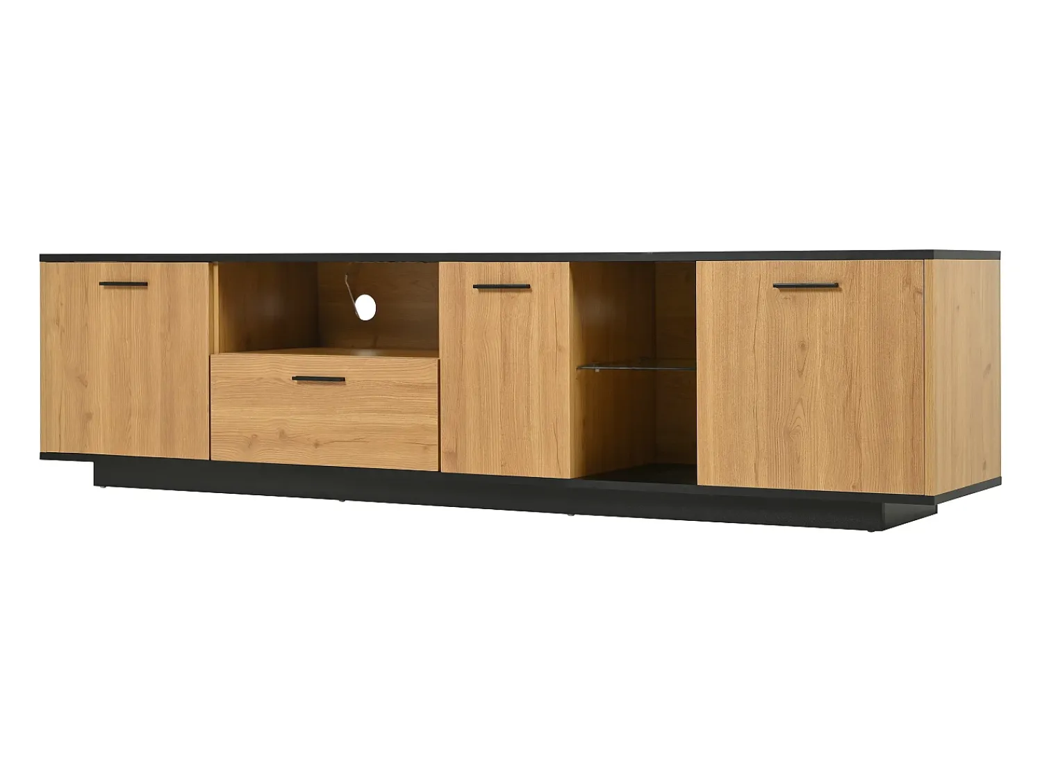 Móvel De Tv*Hauss Spole Móvel para TV com uma gaveta, três portas e iluminação LED - Tampo preto - Cor natural clara Natural claro