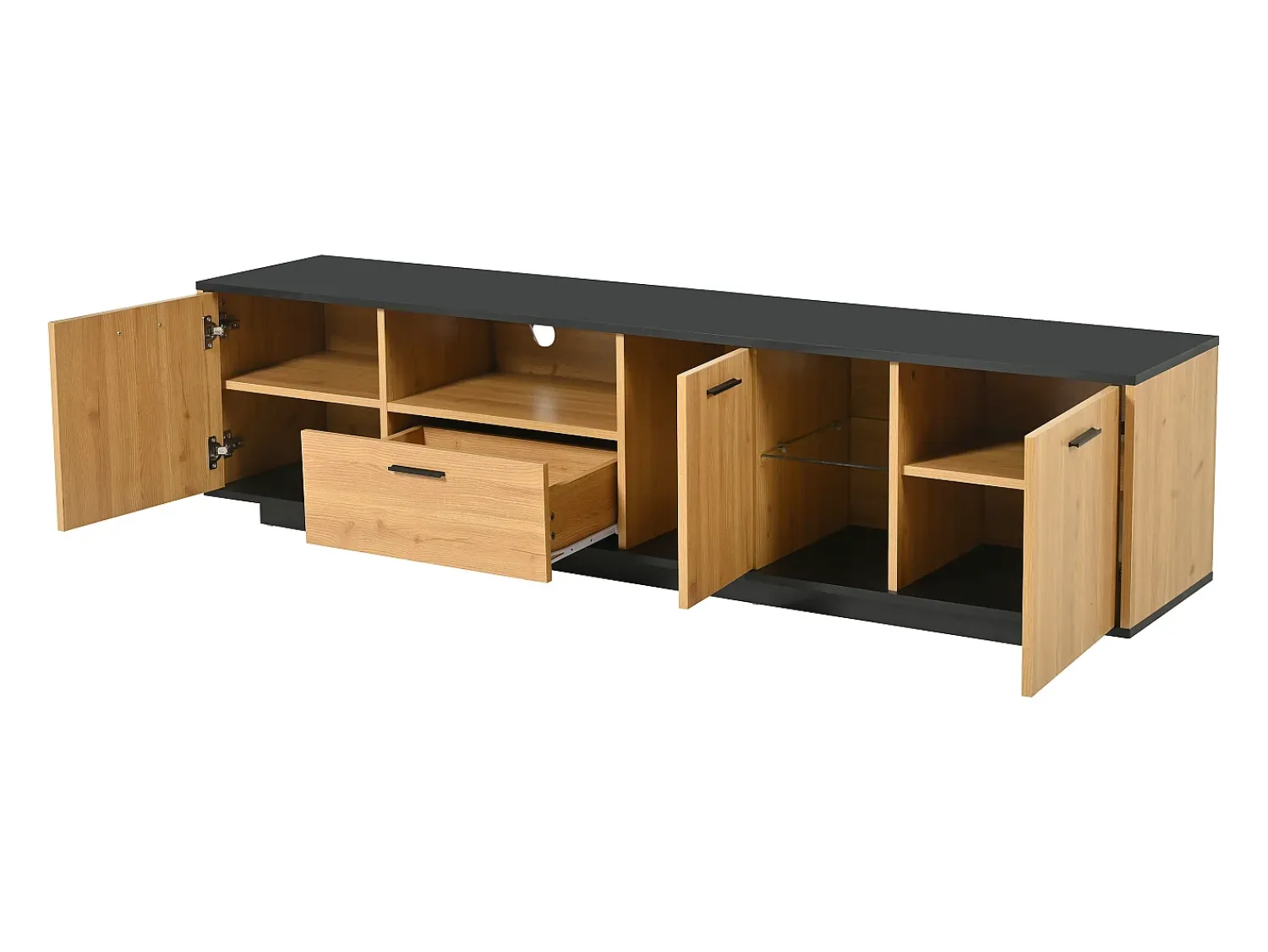 Móvel De Tv*Hauss Spole Móvel para TV com uma gaveta, três portas e iluminação LED - Tampo preto - Cor natural clara Natural claro